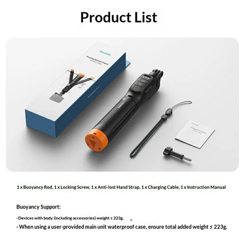 TELESIN S1-TSS-07 Floating Selfie Stick for GoPro MAX / 13 / 12 / 11 / 10 / 9 Underwater Photography Extendable Tripod with Bluetooth-compatible Remote
