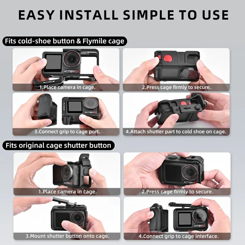 FLYMILE Pour DJI Osmo Action 3 / 4 / 5 Pro Cage Poignée à Déclencheur Poignée Magnétique à Démontage Rapide avec Bouton de Déclenchement Réglable