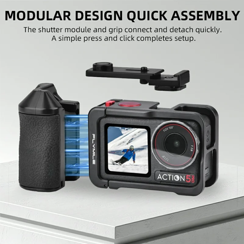 FLYMILE Pour DJI Osmo Action 3 / 4 / 5 Pro Cage Poignée à Déclencheur Poignée Magnétique à Démontage Rapide avec Bouton de Déclenchement Réglable