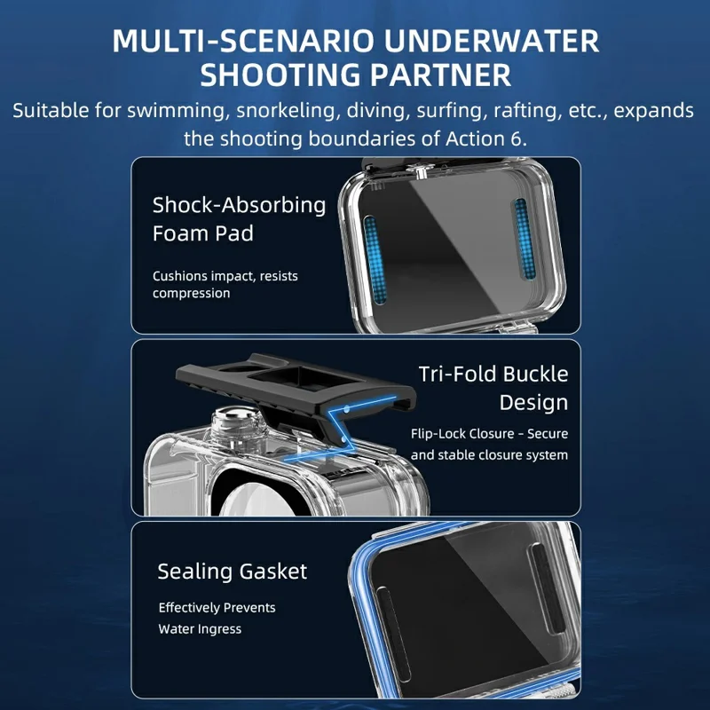 For DJI Osmo Action 6 60m Depth Camera Waterproof Case Transparent PC + Tempered Glass Anti Fog Underwater Housing