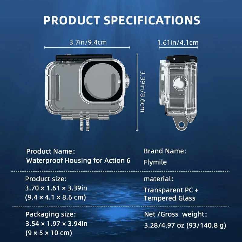 For DJI Osmo Action 6 60m Depth Camera Waterproof Case Transparent PC + Tempered Glass Anti Fog Underwater Housing