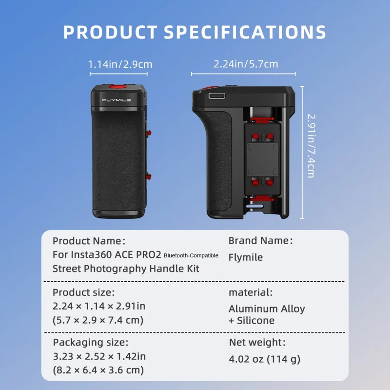 Kit de Punho de Rua Bluetooth FLYMILE para Insta360 Ace Pro 2 / Ace Pro / X5, Punho Ergonómico com Libertação Rápida