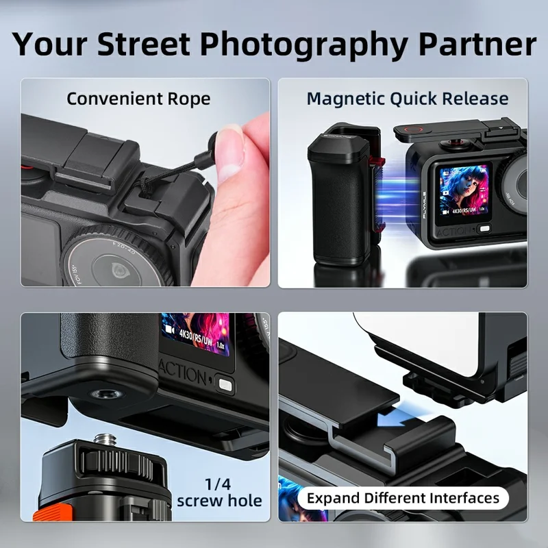 FLYMILE For DJI Osmo Action 6 Street Photography Handle Set Modular Design Magnetic Quick Release Cold Shoe Mount - Black