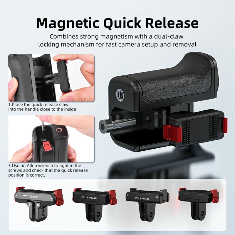 FLYMILE For DJI Osmo Action 6 Street Photography Handle Set Modular Design Magnetic Quick Release Cold Shoe Mount - Black