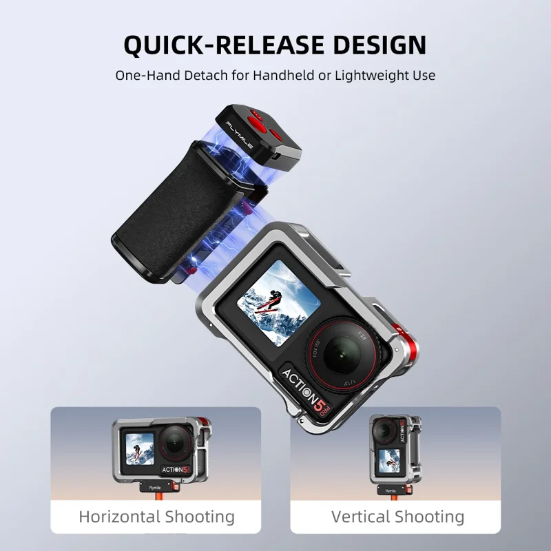 FLYMILE لجهاز تصوير DJI Osmo Action 6 طقم مقبض يدوي مزود بتقنية بلوتوث حامل كاميرا للتصوير الشارعي - أسود