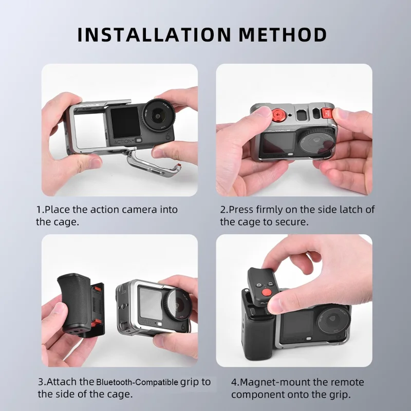 FLYMILE لجهاز تصوير DJI Osmo Action 6 طقم مقبض يدوي مزود بتقنية بلوتوث حامل كاميرا للتصوير الشارعي - أسود