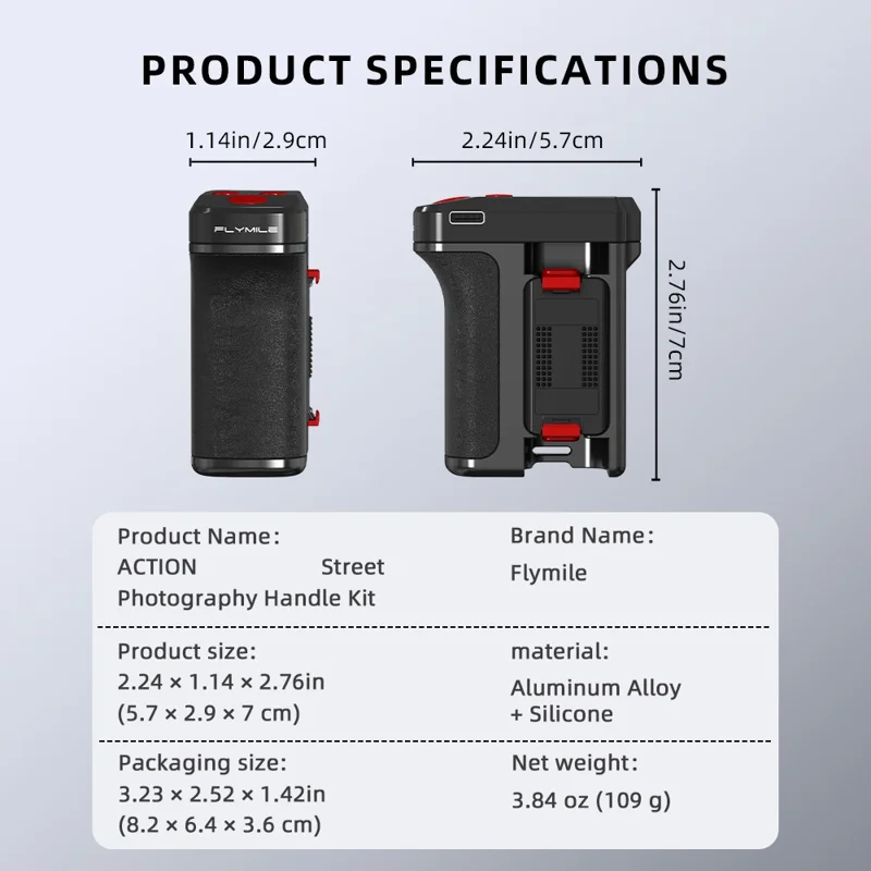 FLYMILE لجهاز تصوير DJI Osmo Action 6 طقم مقبض يدوي مزود بتقنية بلوتوث حامل كاميرا للتصوير الشارعي - أسود