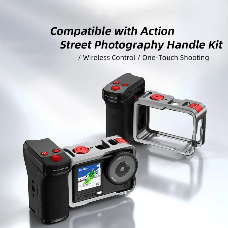 FLYMILE لجهاز تصوير DJI Osmo Action 6 طقم مقبض يدوي مزود بتقنية بلوتوث حامل كاميرا للتصوير الشارعي - أسود