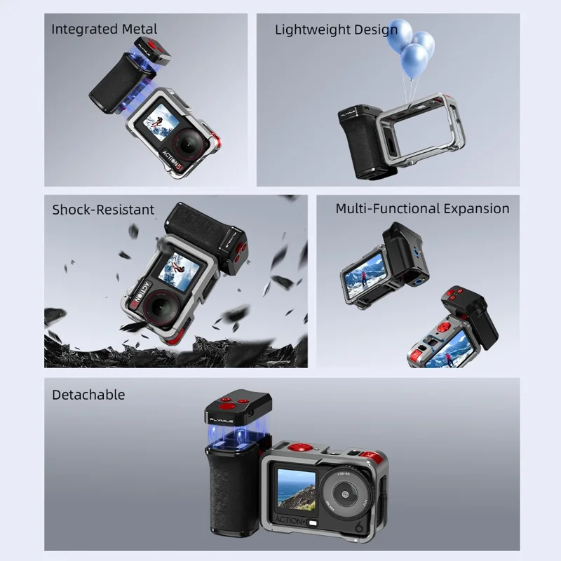 FLYMILE لجهاز تصوير DJI Osmo Action 6 طقم مقبض يدوي مزود بتقنية بلوتوث حامل كاميرا للتصوير الشارعي - أسود