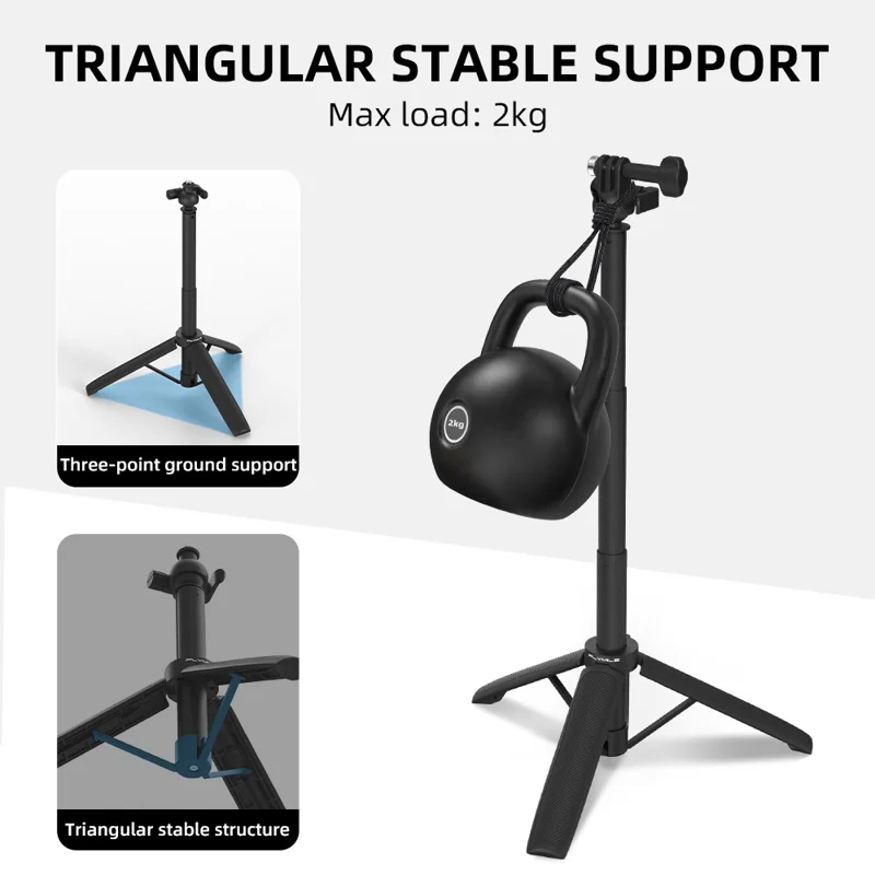 FLYMILE Action Camera Udlænget Stativ med 1/4 Tilledning, Kuglehoved 360-graders Justerbart Teleskopstativ - Sort