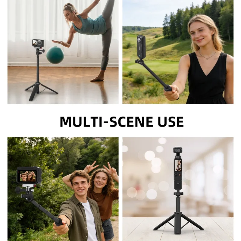 FLYMILE Action Camera Udlænget Stativ med 1/4 Tilledning, Kuglehoved 360-graders Justerbart Teleskopstativ - Sort