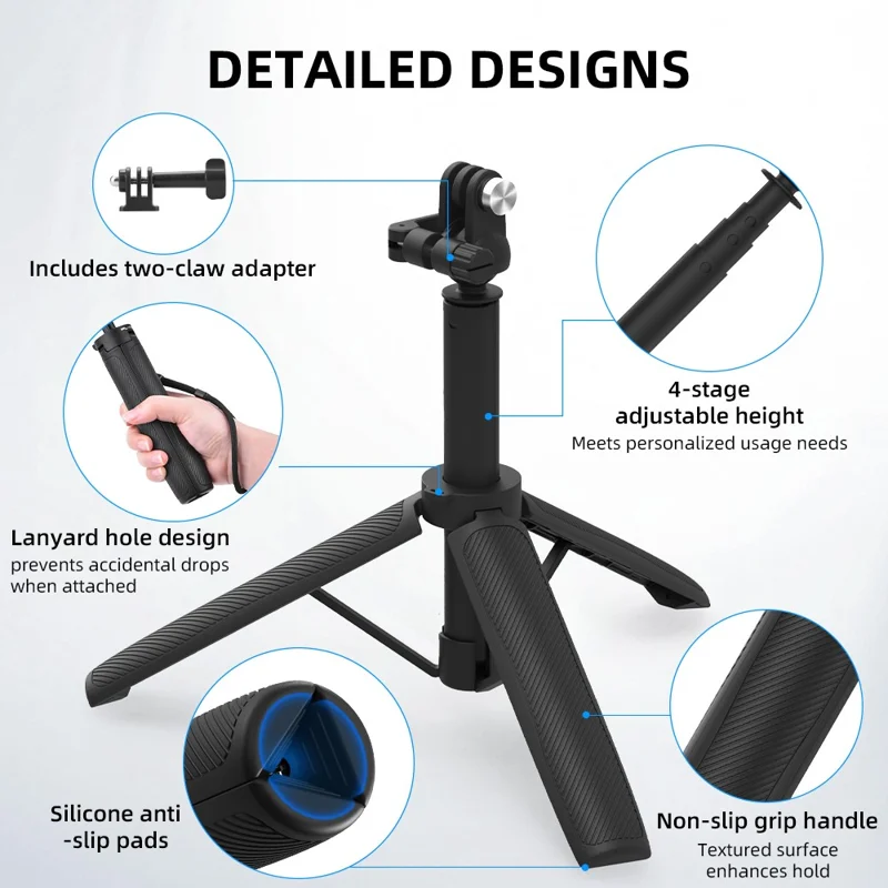 FLYMILE Action Camera Udlænget Stativ med 1/4 Tilledning, Kuglehoved 360-graders Justerbart Teleskopstativ - Sort