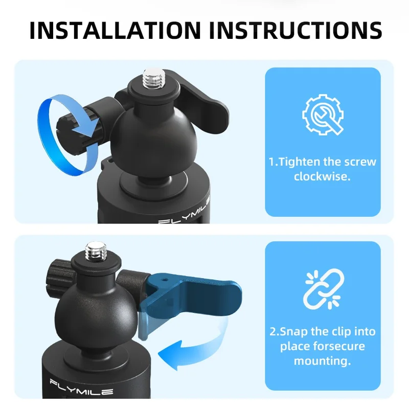 FLYMILE Action Camera Udlænget Stativ med 1/4 Tilledning, Kuglehoved 360-graders Justerbart Teleskopstativ - Sort