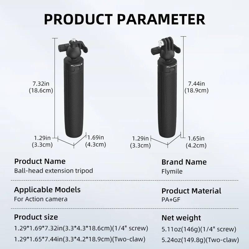 FLYMILE Action Camera Udlænget Stativ med 1/4 Tilledning, Kuglehoved 360-graders Justerbart Teleskopstativ - Sort