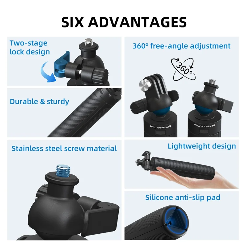 FLYMILE Action Camera Udlænget Stativ med 1/4 Tilledning, Kuglehoved 360-graders Justerbart Teleskopstativ - Sort