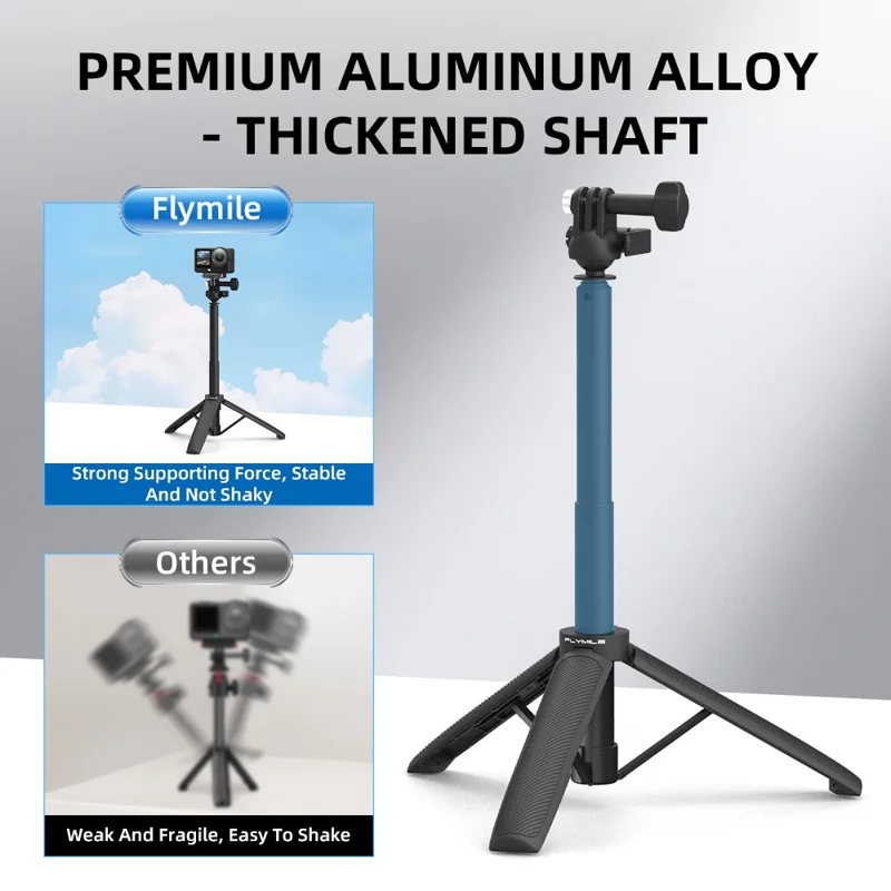 FLYMILE Action Camera Udlænget Stativ med 1/4 Tilledning, Kuglehoved 360-graders Justerbart Teleskopstativ - Sort
