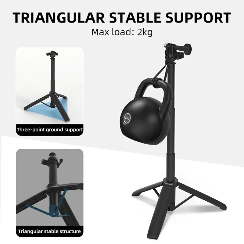 FLYMILE Action Camera Udløbsstativ med To-klo Adapter, Kuglehoved 360 Grader Justerbart Teleskopstativ - Sort