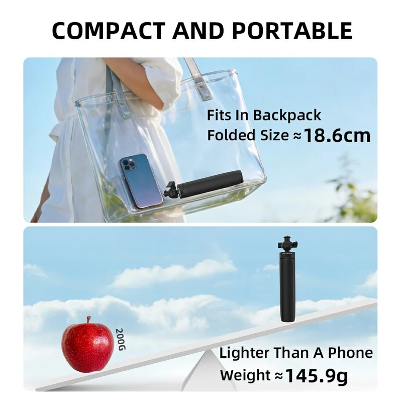 FLYMILE Action Camera Udløbsstativ med To-klo Adapter, Kuglehoved 360 Grader Justerbart Teleskopstativ - Sort