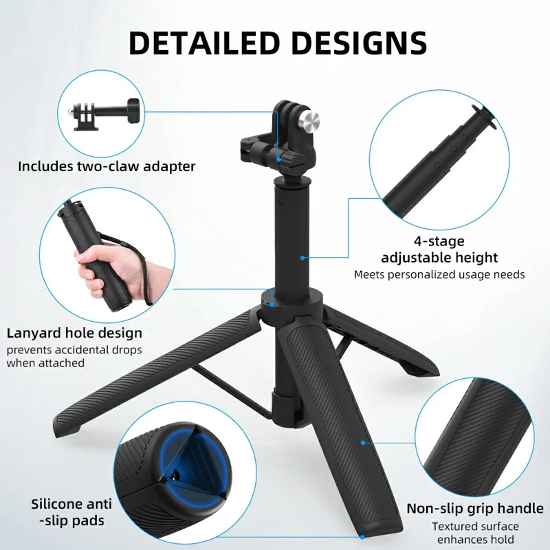 FLYMILE Action Camera Udløbsstativ med To-klo Adapter, Kuglehoved 360 Grader Justerbart Teleskopstativ - Sort