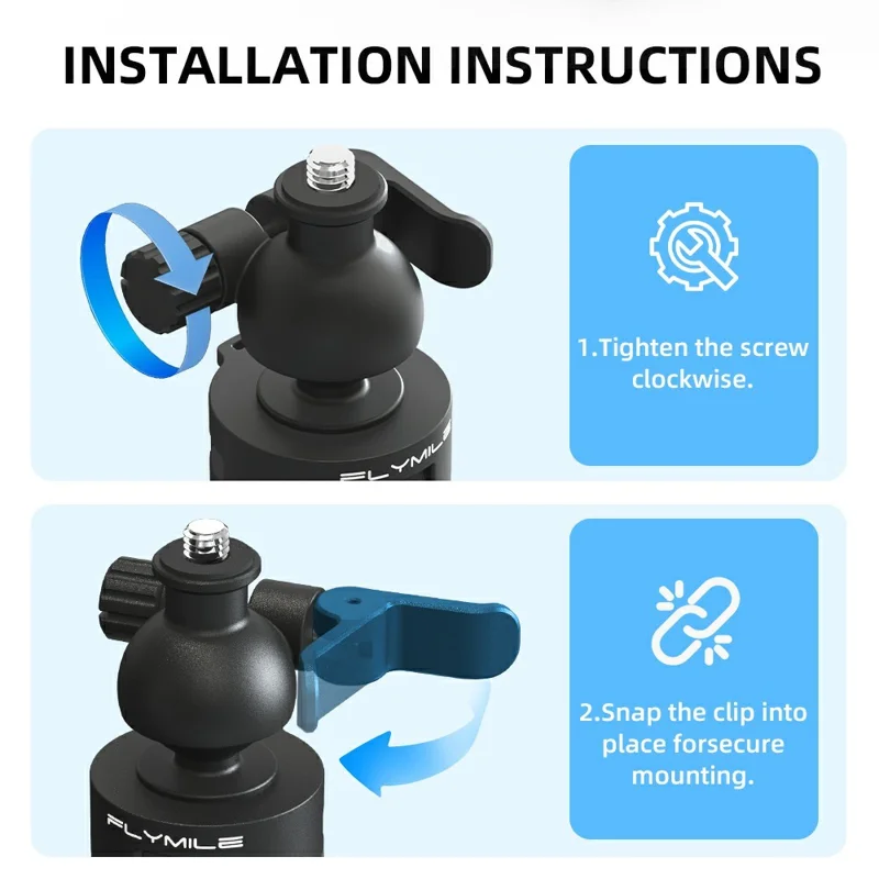 FLYMILE Action Camera Udløbsstativ med To-klo Adapter, Kuglehoved 360 Grader Justerbart Teleskopstativ - Sort