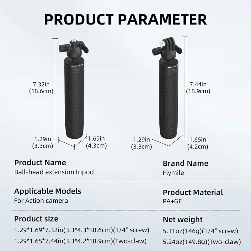 FLYMILE Action Camera Udløbsstativ med To-klo Adapter, Kuglehoved 360 Grader Justerbart Teleskopstativ - Sort