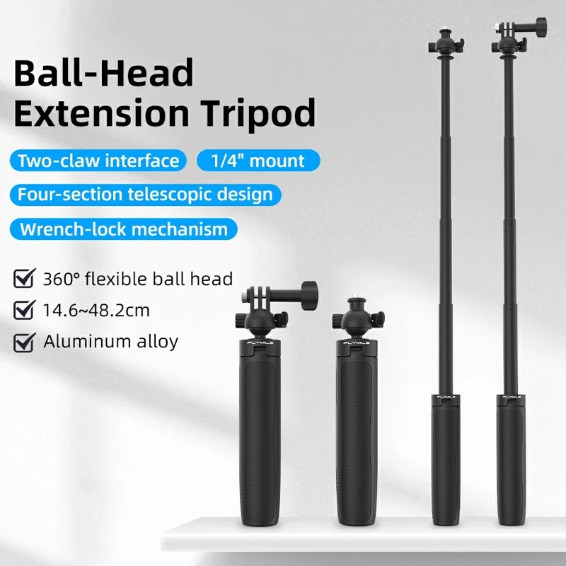 FLYMILE Action Camera Udløbsstativ med To-klo Adapter, Kuglehoved 360 Grader Justerbart Teleskopstativ - Sort