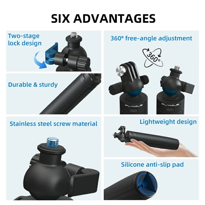 FLYMILE Action Camera Udløbsstativ med To-klo Adapter, Kuglehoved 360 Grader Justerbart Teleskopstativ - Sort