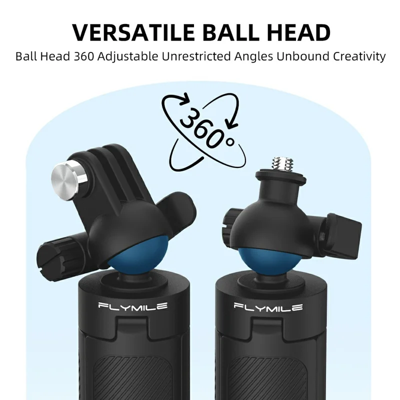 FLYMILE Action Camera Udløbsstativ med To-klo Adapter, Kuglehoved 360 Grader Justerbart Teleskopstativ - Sort