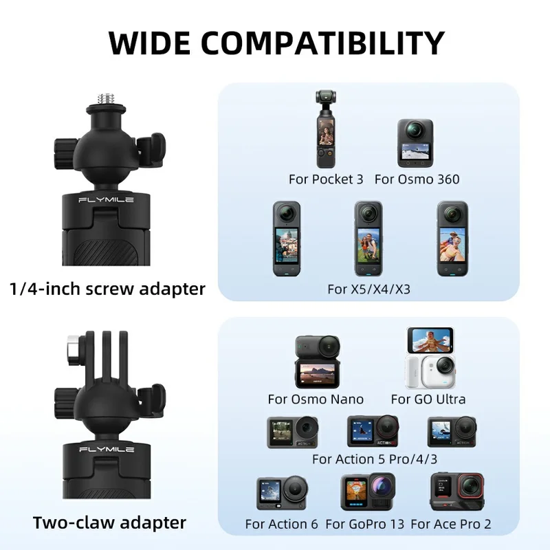 FLYMILE Action Camera Udløbsstativ med To-klo Adapter, Kuglehoved 360 Grader Justerbart Teleskopstativ - Sort