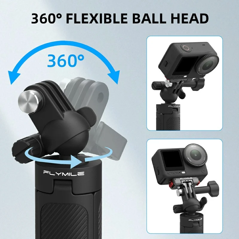FLYMILE Action Camera Udløbsstativ med To-klo Adapter, Kuglehoved 360 Grader Justerbart Teleskopstativ - Sort