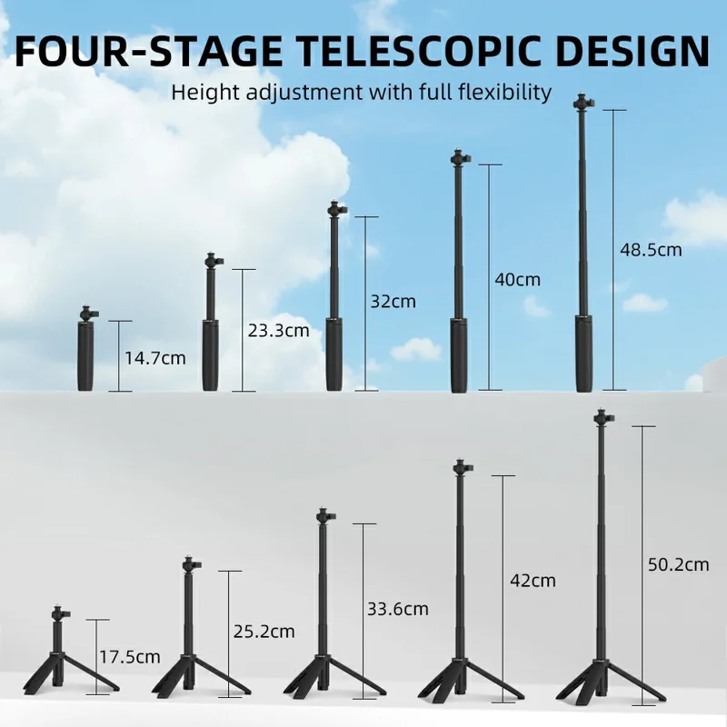 FLYMILE Action Camera Udløbsstativ med To-klo Adapter, Kuglehoved 360 Grader Justerbart Teleskopstativ - Sort