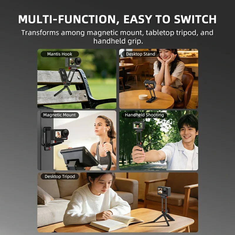 FLYMILE metallisk snabbkopplingsstativ för DJI Osmo Action 5 Pro / 4 / 3 magnetiskt vikbart stativ med karbinhake - Svart