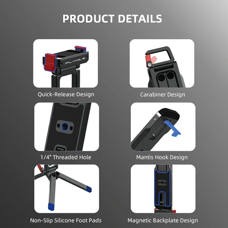FLYMILE metallisk snabbkopplingsstativ för DJI Osmo Action 5 Pro / 4 / 3 magnetiskt vikbart stativ med karbinhake - Svart