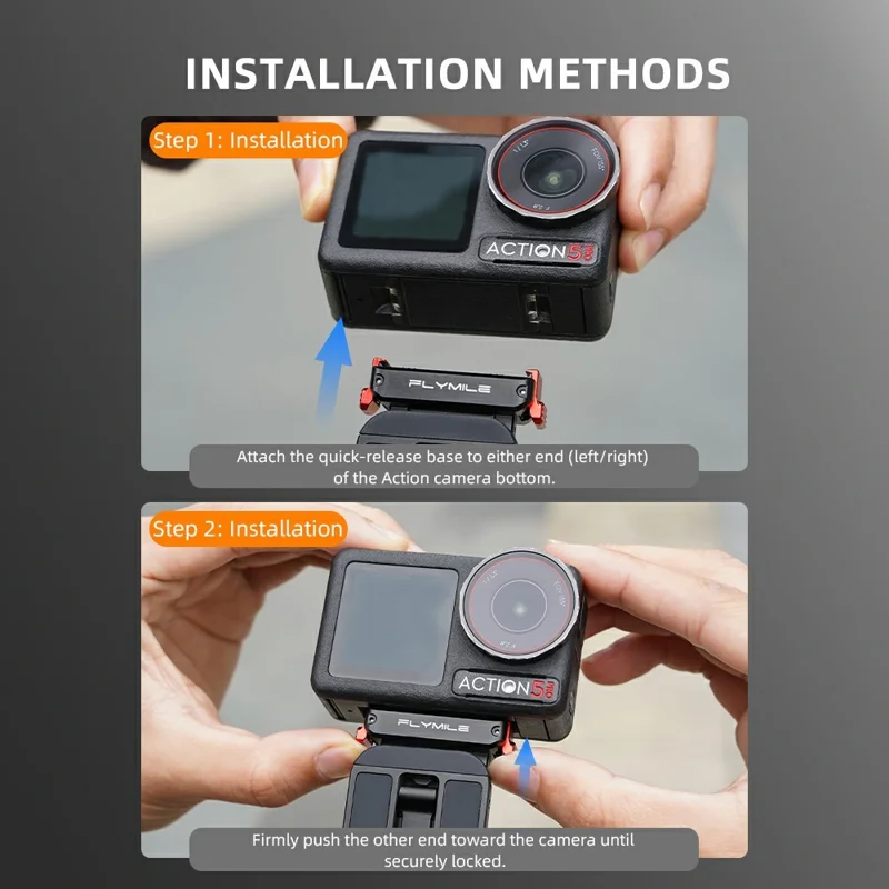 FLYMILE metallisk snabbkopplingsstativ för DJI Osmo Action 5 Pro / 4 / 3 magnetiskt vikbart stativ med karbinhake - Svart