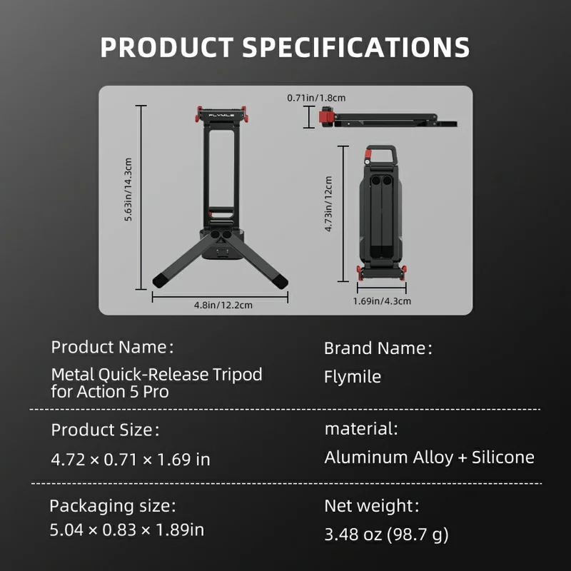 FLYMILE metallisk snabbkopplingsstativ för DJI Osmo Action 5 Pro / 4 / 3 magnetiskt vikbart stativ med karbinhake - Svart