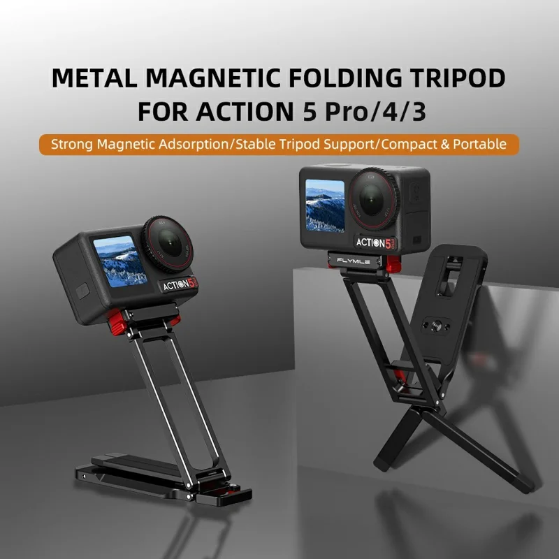FLYMILE metallisk snabbkopplingsstativ för DJI Osmo Action 5 Pro / 4 / 3 magnetiskt vikbart stativ med karbinhake - Svart