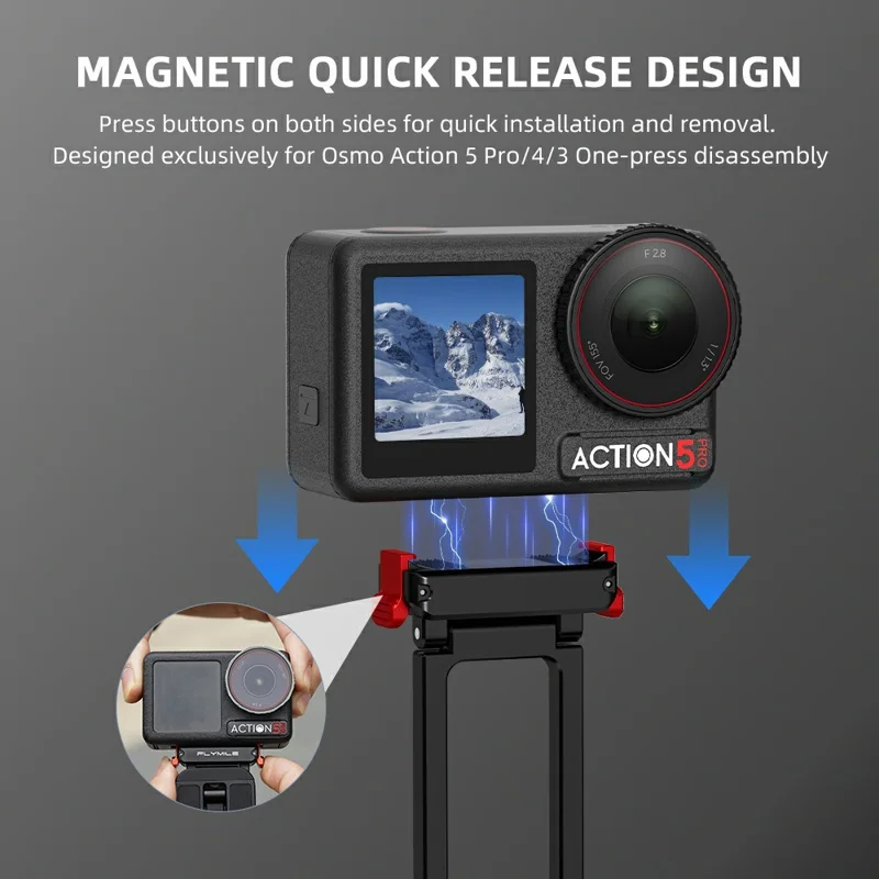 FLYMILE metallisk snabbkopplingsstativ för DJI Osmo Action 5 Pro / 4 / 3 magnetiskt vikbart stativ med karbinhake - Svart