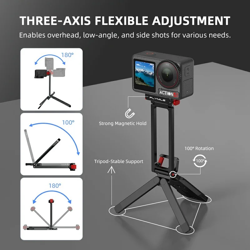 FLYMILE metallisk snabbkopplingsstativ för DJI Osmo Action 5 Pro / 4 / 3 magnetiskt vikbart stativ med karbinhake - Svart