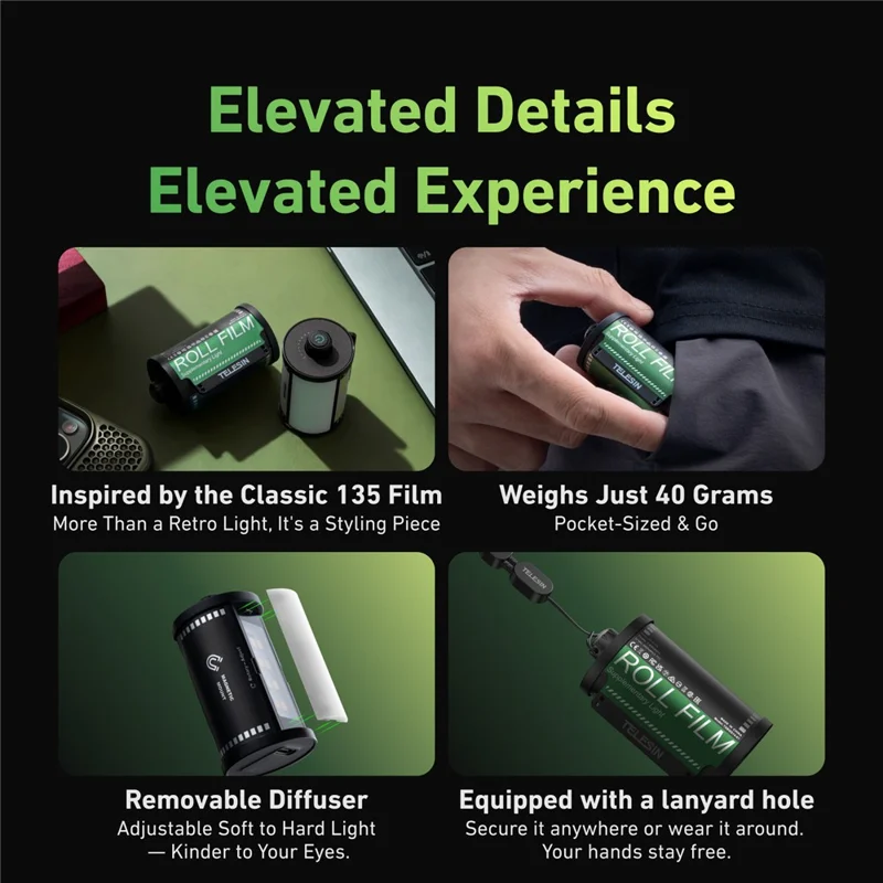 TELESIN S5-BGD-14 MagFilm Fill Light for DJI Osmo Action 6 /  Action 5 / Pocket 3 , Cold Shoe Mount Dual Color Temperature Video Light - Black