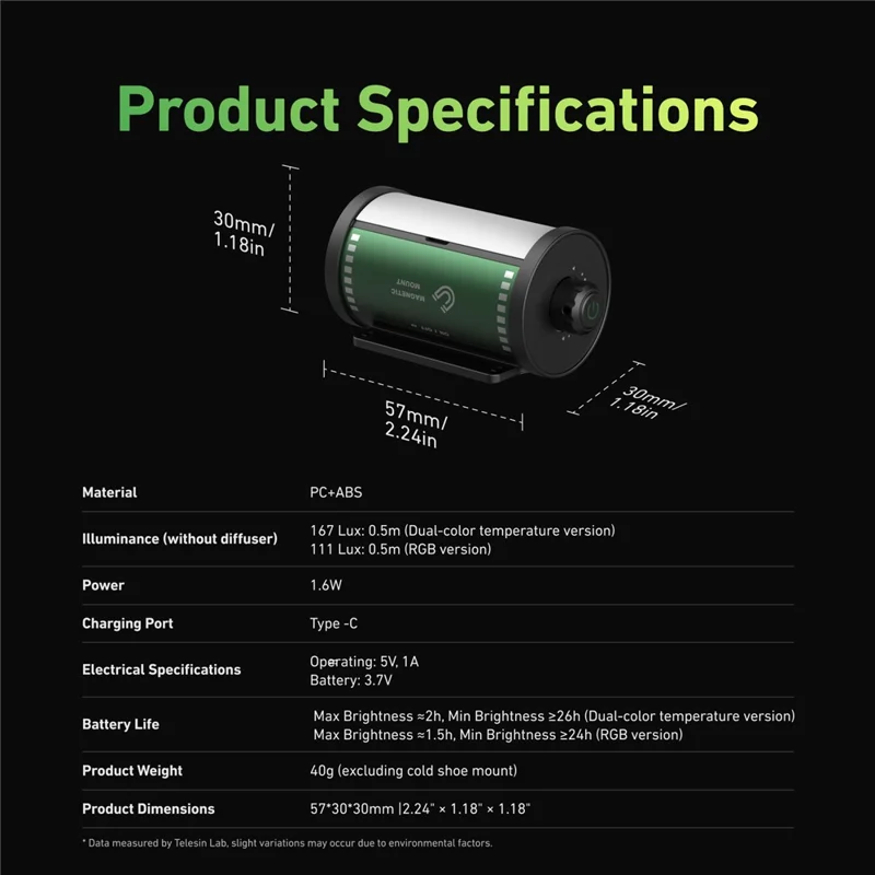 TELESIN S5-BGD-14 MagFilm Fill Light for DJI Osmo Action 6 /  Action 5 / Pocket 3 , Cold Shoe Mount Dual Color Temperature Video Light - Black