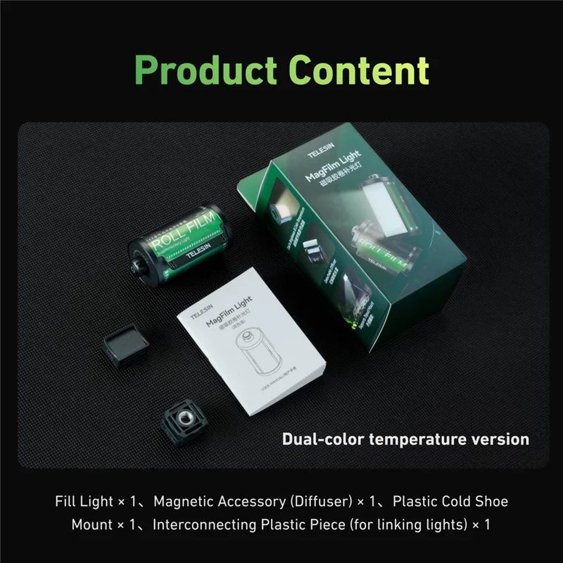 TELESIN S5-BGD-14 MagFilm Fill Light for DJI Osmo Action 6 /  Action 5 / Pocket 3 , Cold Shoe Mount Dual Color Temperature Video Light - Black