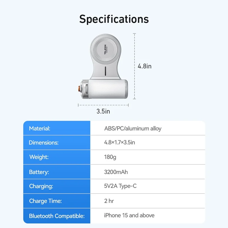 TELESIN P5-MP-003WH Pro Shot Imaging Grip for iPhone Photography Handle Power Bank Wireless Charging Camera Controller - White