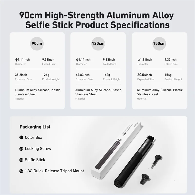 TELESIN S1-MNP-10 1.2m Telescopic Monopod Aluminum Alloy Selfie Stick with 1 / 4 Interface for Action Camera - Black