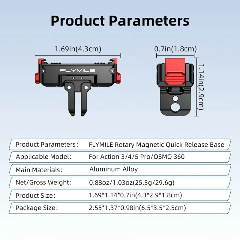 FLYMILE Aluminum Alloy Base for DJI Osmo 360 / Action 5 Pro / 4 / 3 Rotary Magnetic Quick Release Base - Black