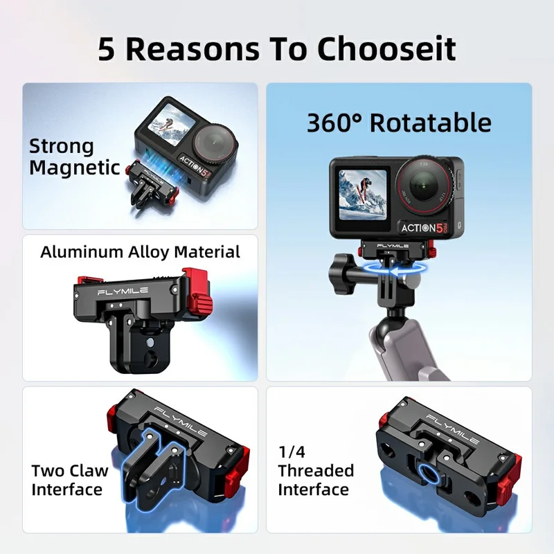 FLYMILE Aluminum Alloy Base for DJI Osmo 360 / Action 5 Pro / 4 / 3 Rotary Magnetic Quick Release Base - Black