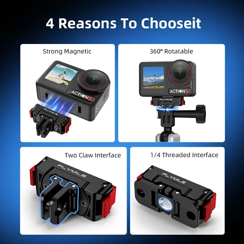 FLYMILE Plastic Base for DJI Osmo 360 / Action 5 Pro / 4 / 3 Rotary Magnetic Quick Release Base - Black