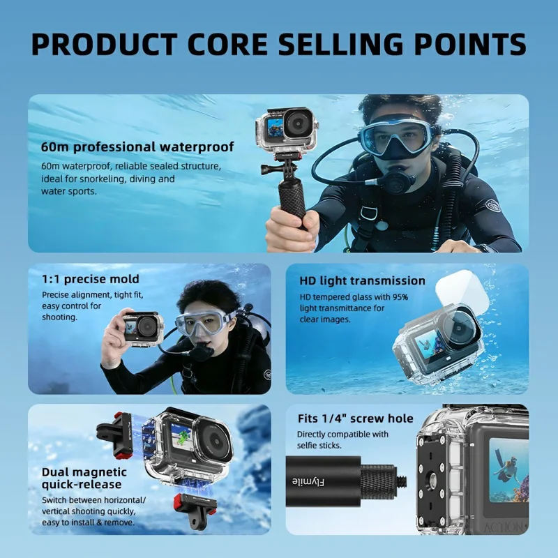 FLYMILE For DJI Osmo Action 6 Waterproof PC Shell Magnetic Quick Release 60m Underwater Camera Housing - Transparent