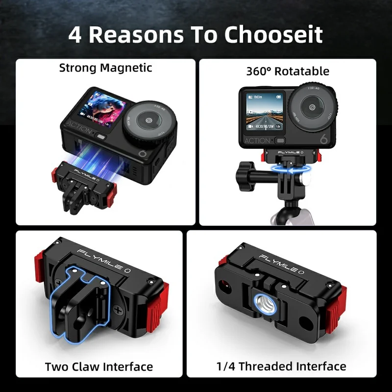 FLYMILE для DJI Osmo Action 6 / Nano Пластиковая поворотная магнитная быстросъемная база — Черный