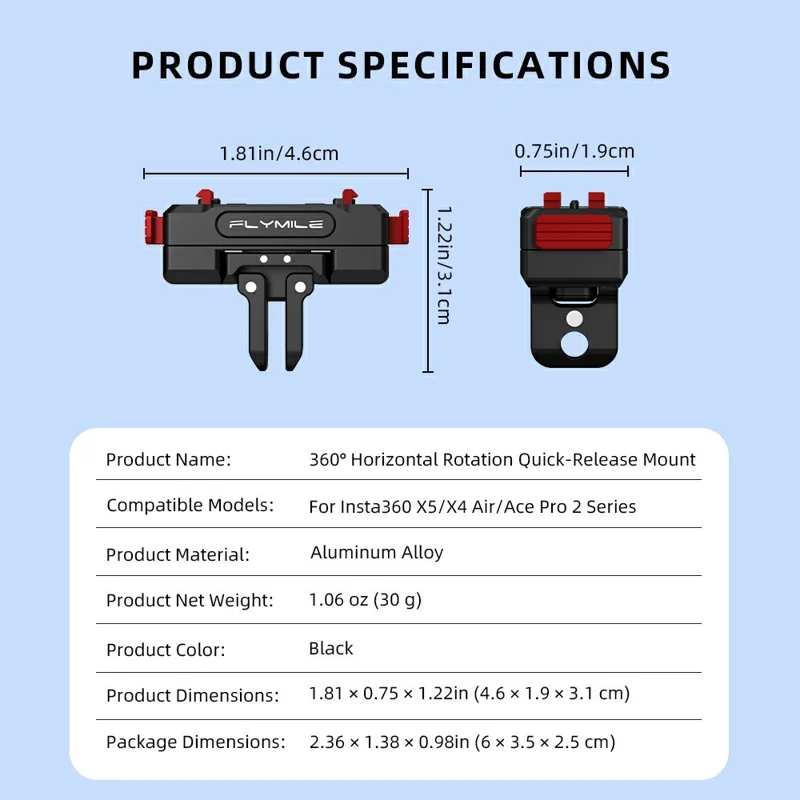 FLYMILE For Insta360 Ace Pro / X5 Aluminum Alloy Base Rotary Magnetic Quick Release Base - Black