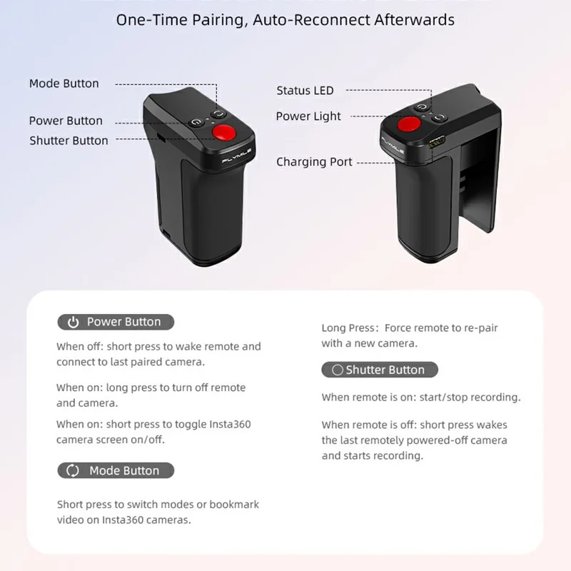 Uchwyt FLYMILE do fotografii ulicznej do kamery akcji, plastikowy, zdalne sterowanie migawki przez Bluetooth, magnetyczna, demontowalna rączka - Czarny